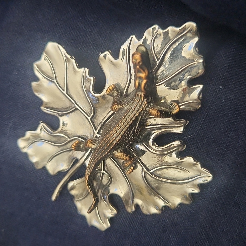 Sylvia Dahl Dress Clip Vtg Copper Crocodile Silver Tone Maple Leaf 2 3/4" Brooch
